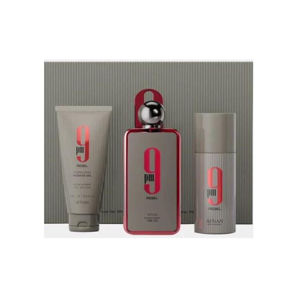AFNAN 9PM REBEL U 3PCSET 3.4 EDP SPRAY 5.0 S.GEL 5.0 DEO DISPLAY BOX